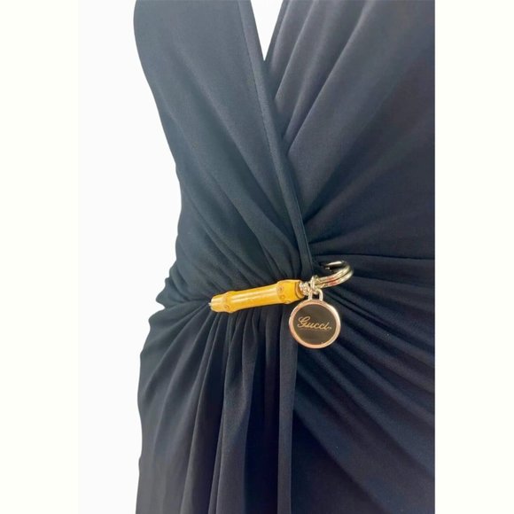 NWT 2006 Vintage Gucci Wrap Effect Black Dress Open Back and Bamboo Pin 38 US 2 - Picture 4 of 5